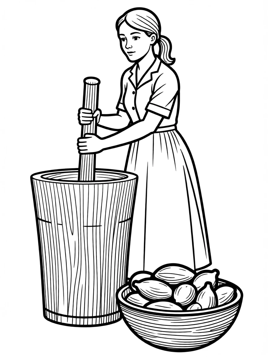 (Nigeria) A woman pounding yam in a wooden mortar to make fufu, with a bowl of yams nearby.