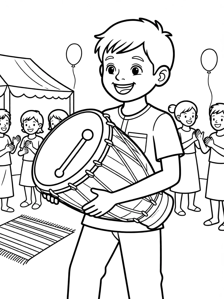 (Nigeria) A musician playing a talking drum tucked under his arm at a village celebration.