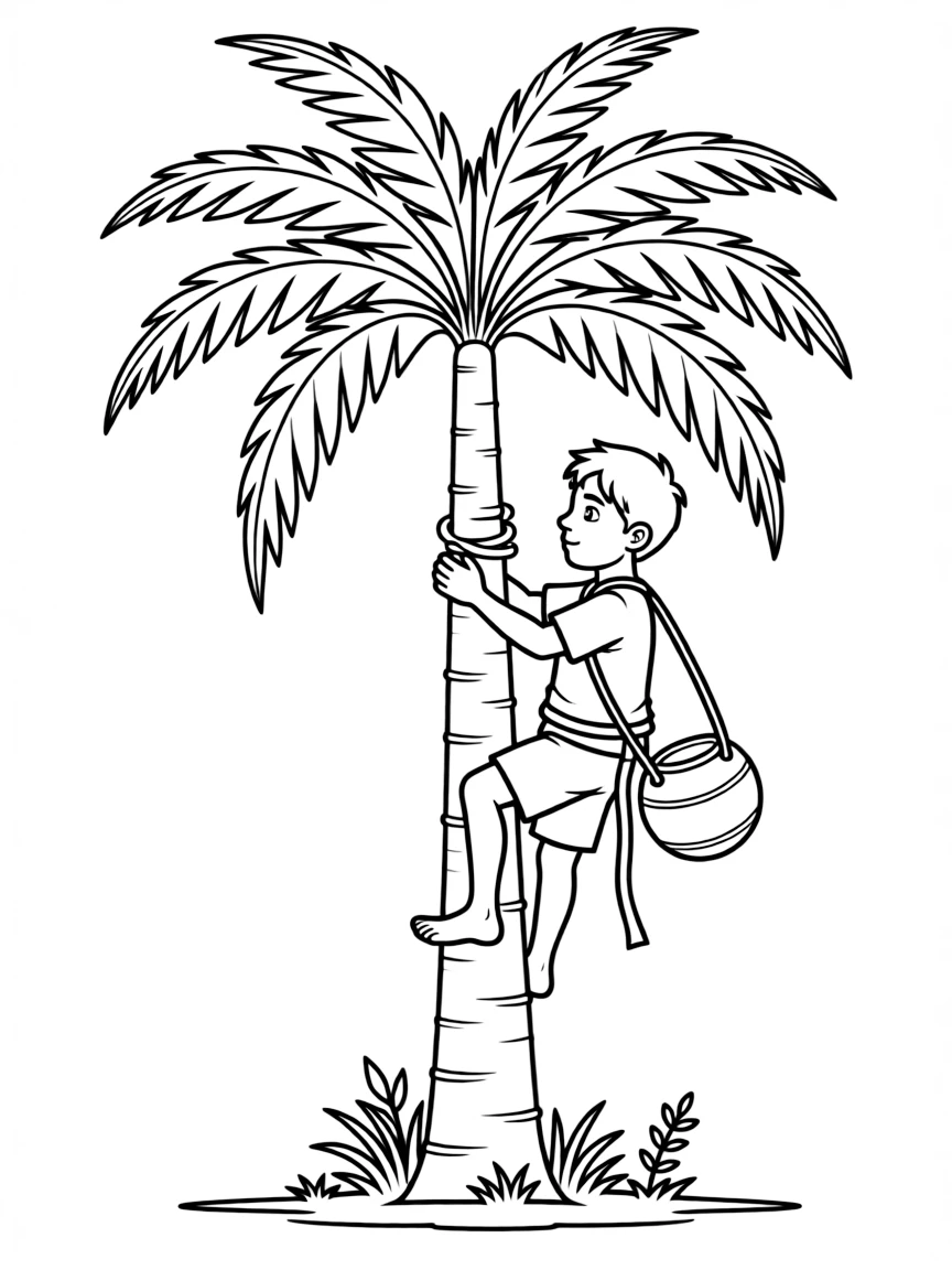 (Nigeria) A palm wine tapper climbing a tall palm tree with a gourd to collect sap.