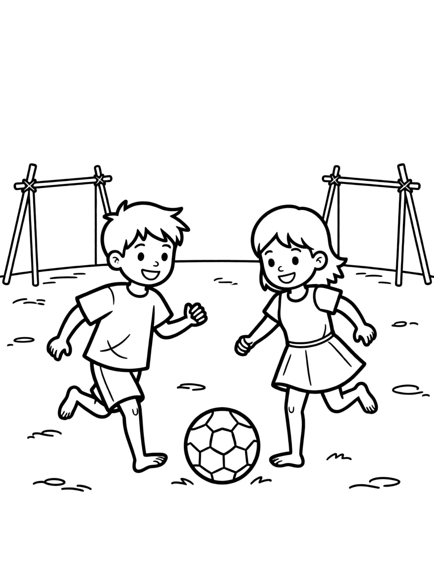 (Nigeria) Two kids playing soccer barefoot on a dusty field with makeshift goalposts.