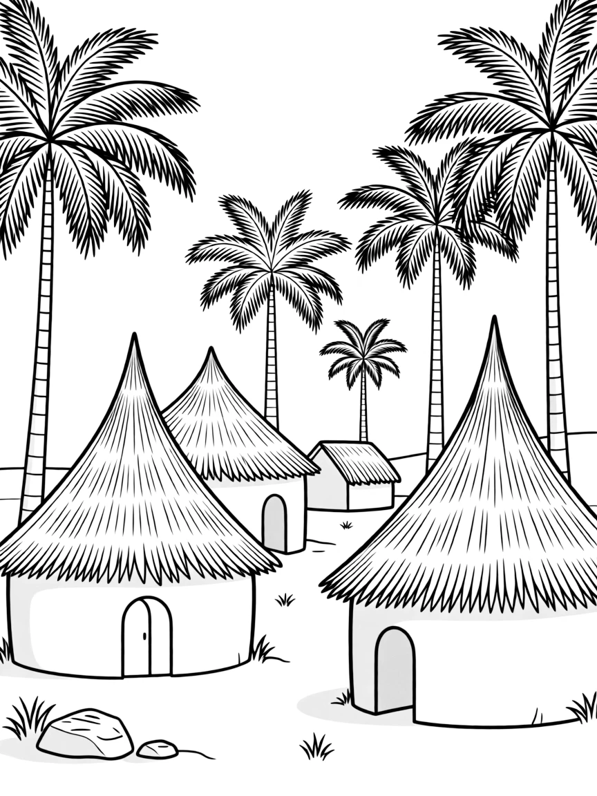 (Nigeria) A village of round mud huts with thatched roofs under tall palm trees.