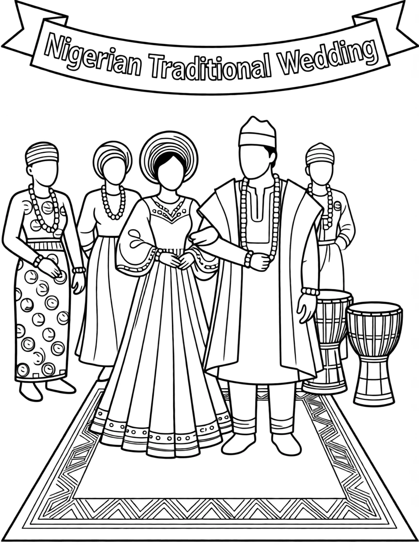(Nigeria) A traditional wedding ceremony with the bride and groom in native attire.