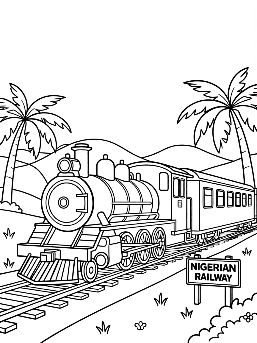 (Nigeria) An old steam locomotive of the Nigerian Railway passing through the countryside.