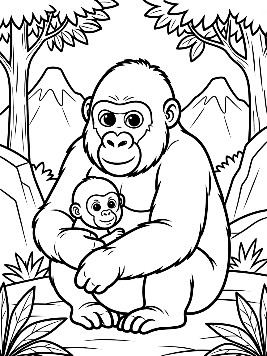 (Nigeria) A rare Cross River gorilla mother carrying her baby in a mountain forest.