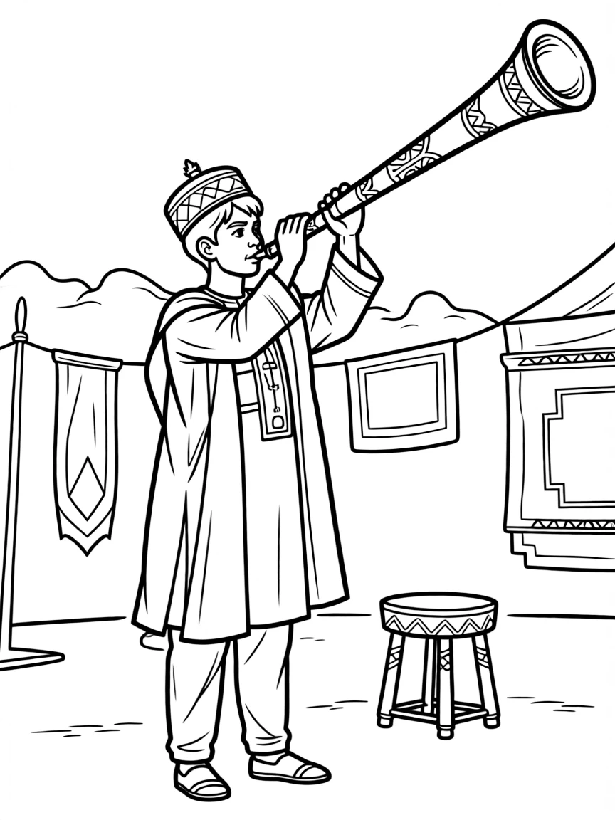 (Nigeria) A Hausa royal guard blowing a long kakaki trumpet at a traditional ceremony.