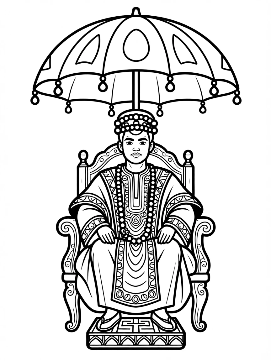 (Nigeria) A Yoruba king (Oba) in ornate traditional robes and a beaded crown sitting under a royal umbrella.