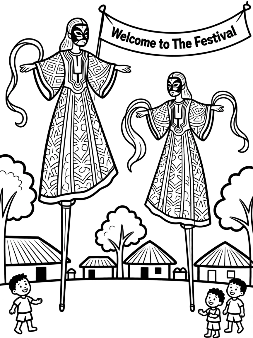 (Nigeria) Tall stilt dancers performing in masquerade costumes at a village festival.