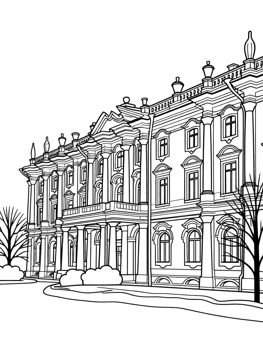 (Russia) The Winter Palace in St. Petersburg, a grand green-and-white royal building.