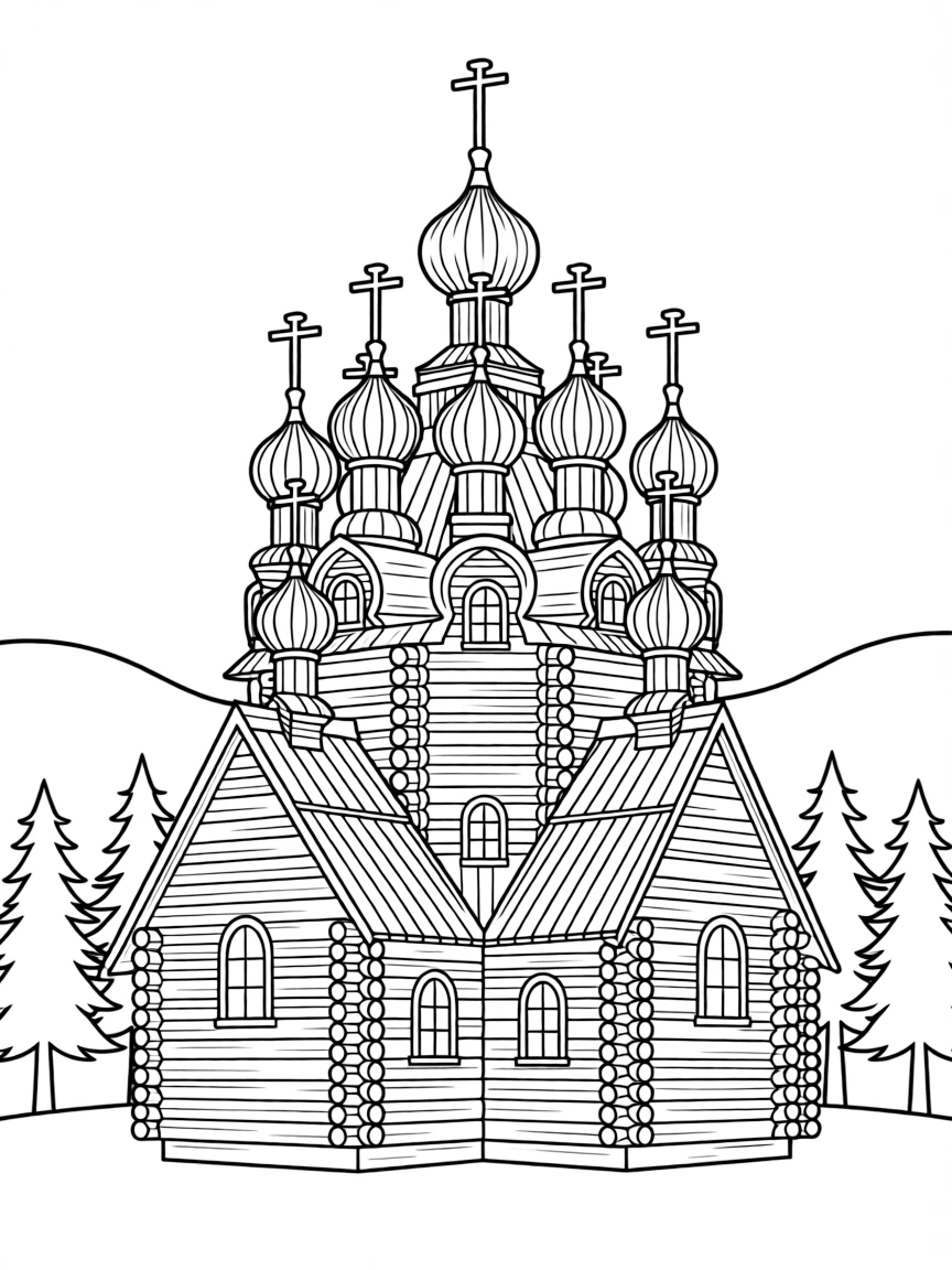 (Russia) A wooden Orthodox church with multiple onion domes, like those in a Siberian village.