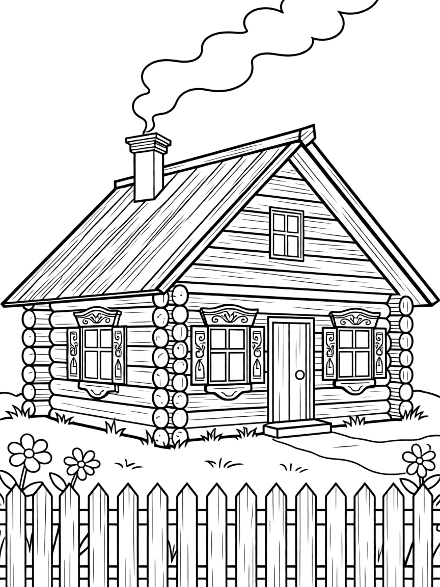 (Russia) A cozy log cabin (izba) in a village, with decorative wooden window frames and smoke from the chimney.