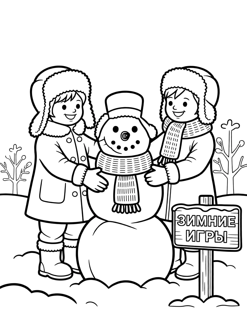 (Russia) Children bundled in coats and fur hats building a snowman in a Russian winter.