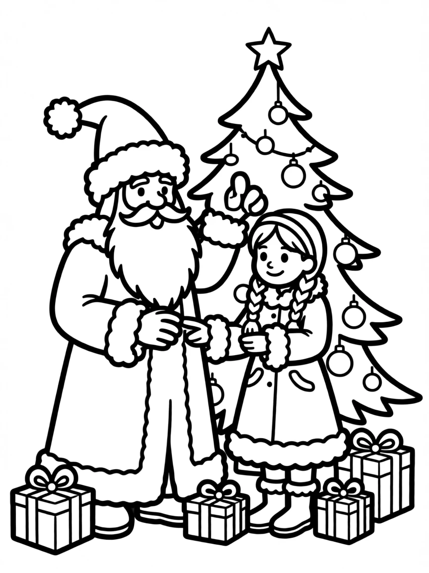 (Russia) Ded Moroz (Father Frost) and Snegurochka (Snow Maiden) delivering gifts by a New Year tree.
