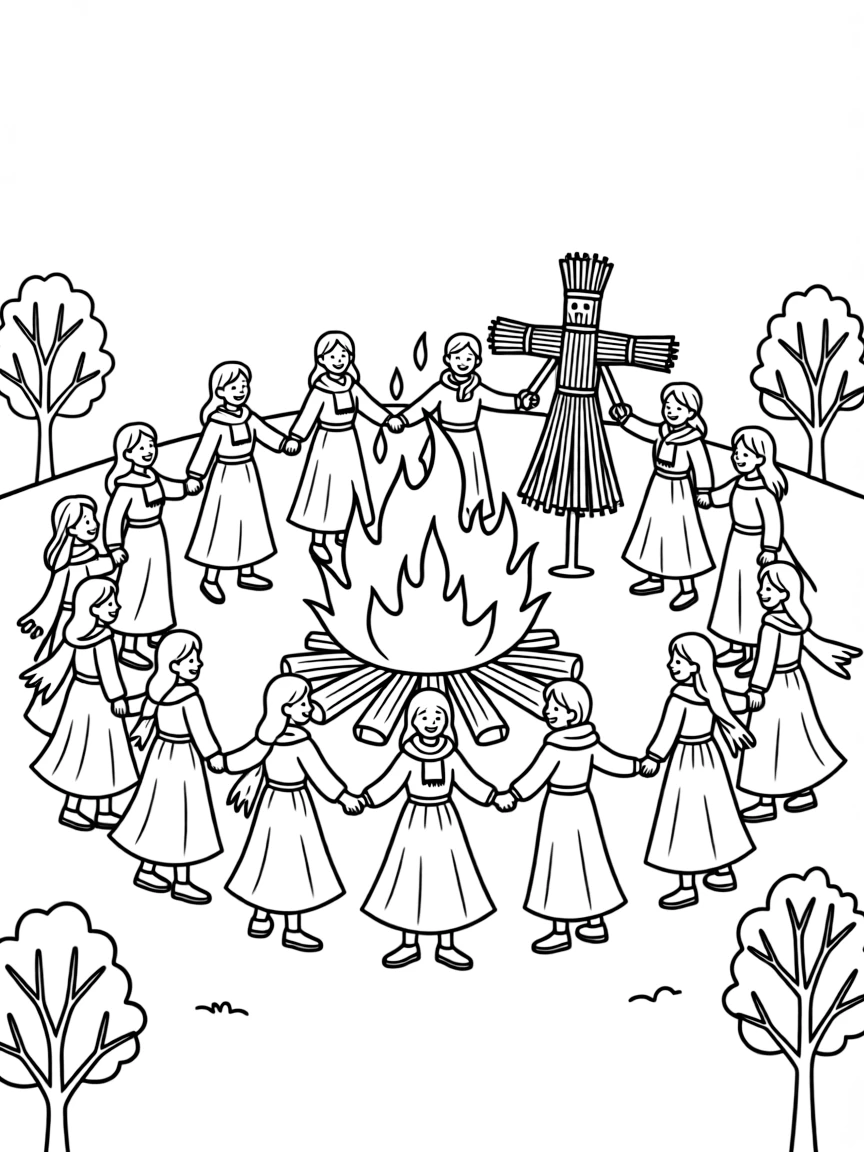 (Russia) People celebrating Maslenitsa by dancing around a bonfire with a straw effigy of winter.