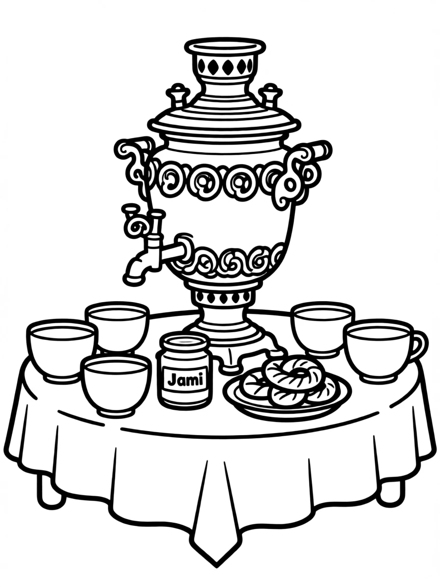 (Russia) A table with a samovar (tea kettle) surrounded by tea cups, jam, and bread rings.