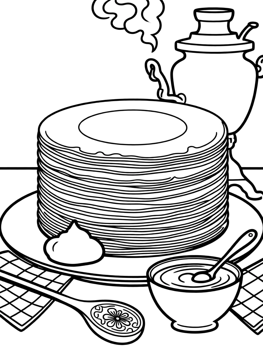 (Russia) A plate of thin blini pancakes with jam and sour cream for a Russian feast.