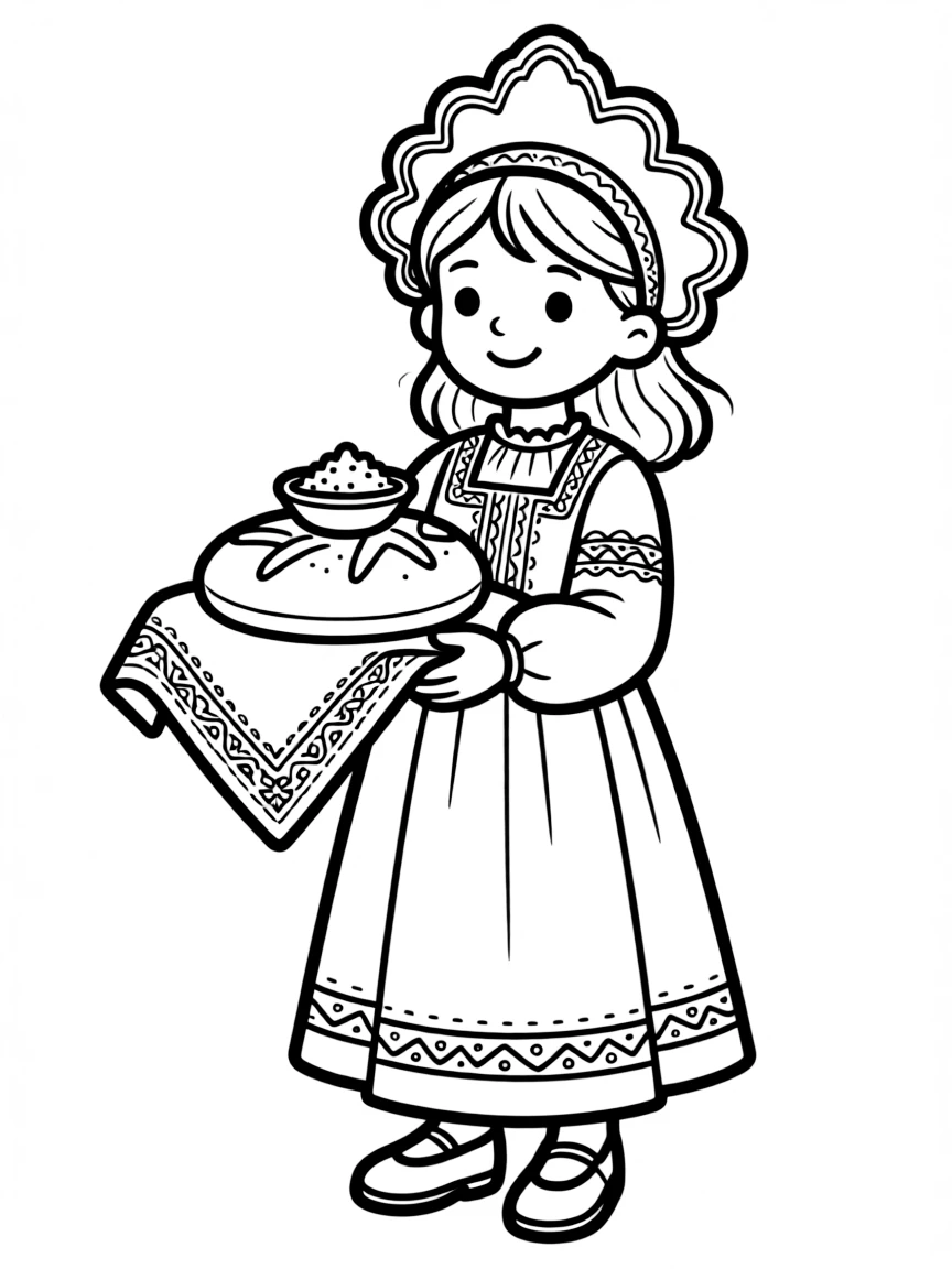 (Russia) A girl in a traditional Russian dress (sarafan) and kokoshnik headdress offering bread and salt.