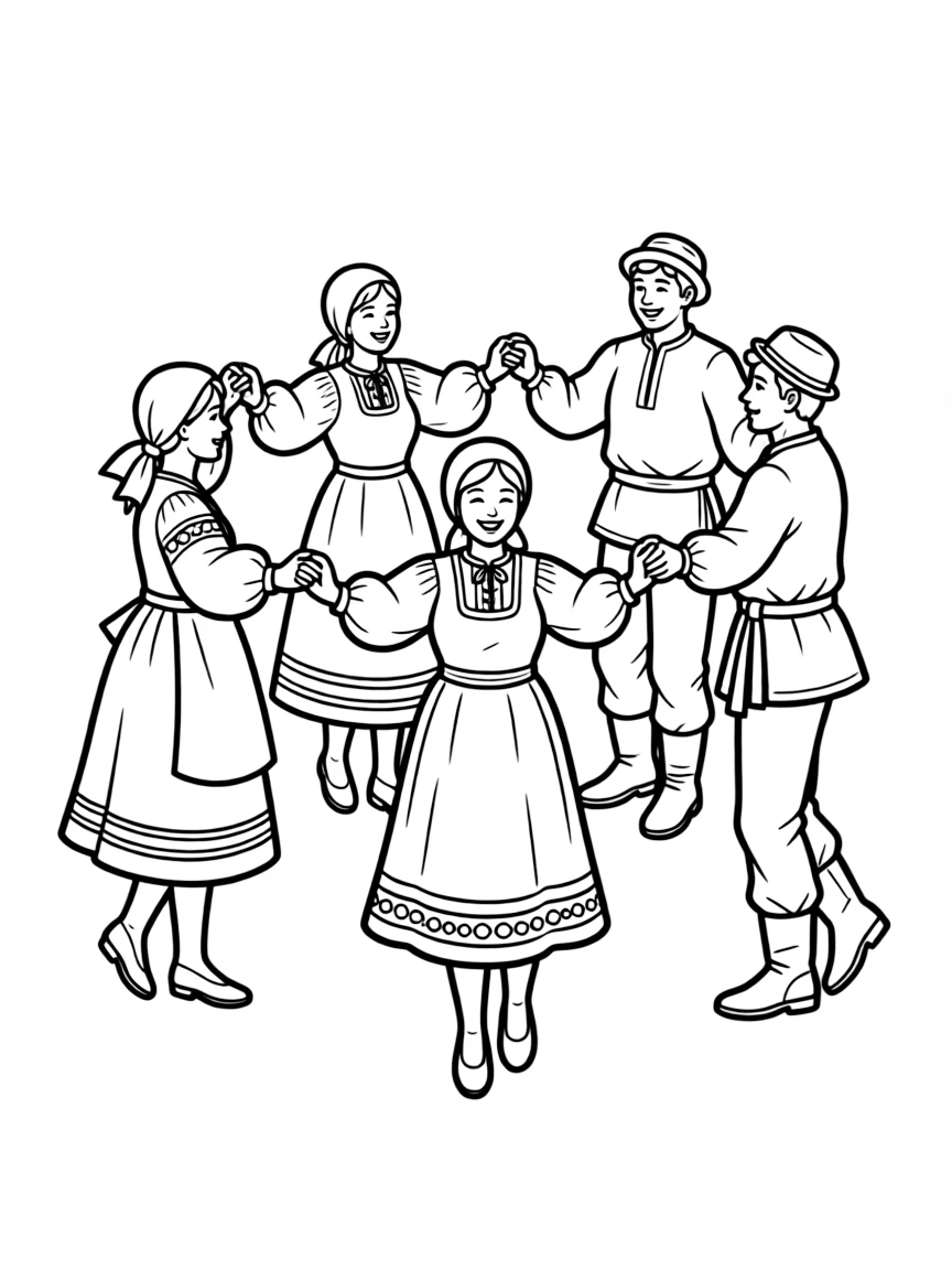 (Russia) A group of people in folk costumes dancing in a circle hand-in-hand.