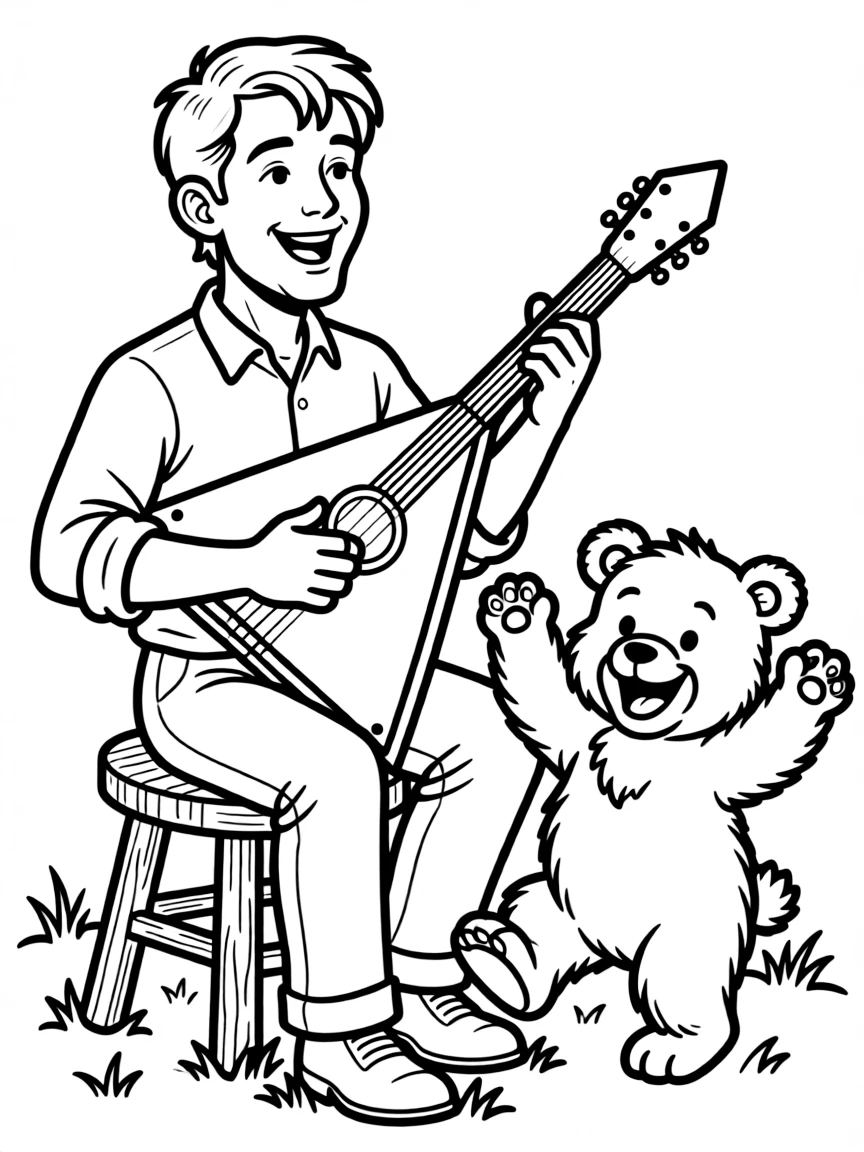 (Russia) A man playing a balalaika (triangular guitar) while a bear cub dances playfully.
