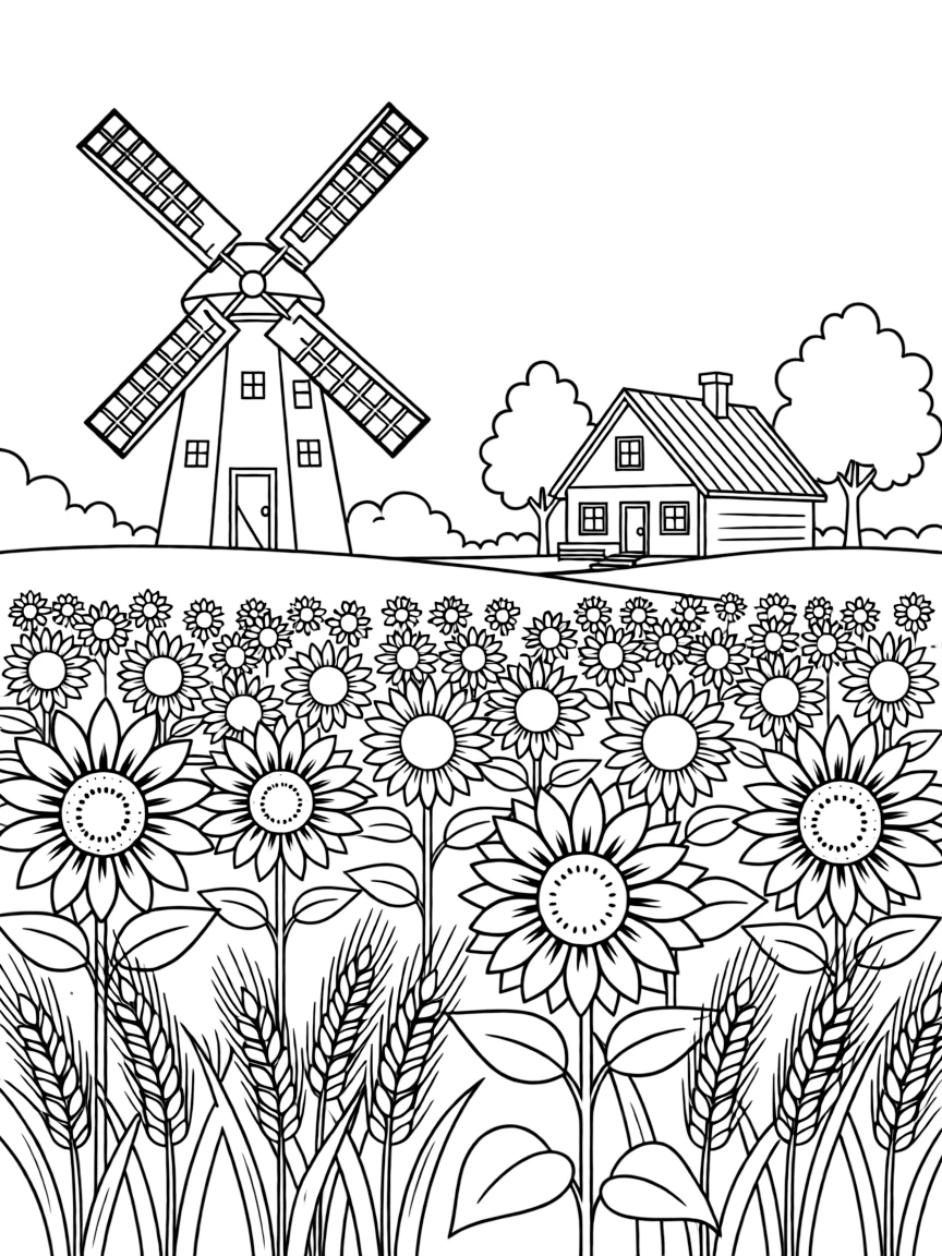 (Russia) A field of sunflowers and wheat with a windmill and farmhouse in the distance.