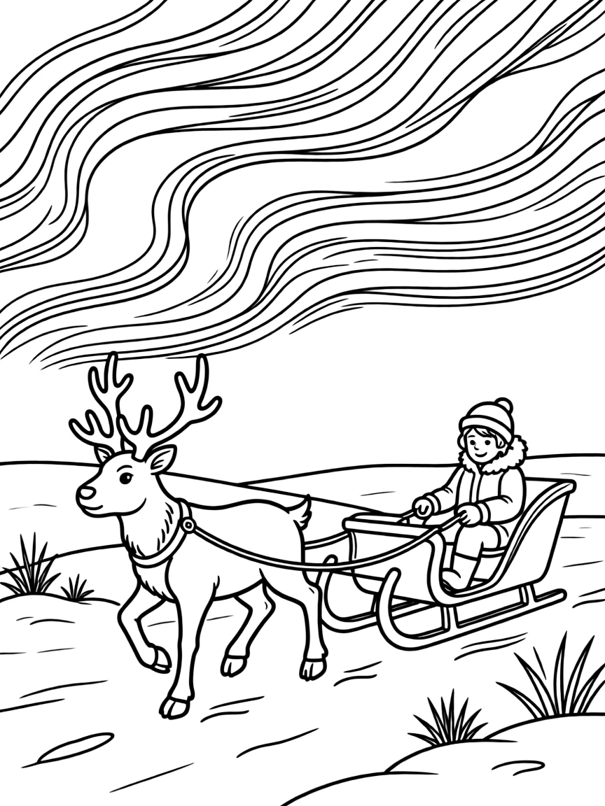 (Russia) Reindeer pulling a sleigh across the Arctic tundra with the Northern Lights above.