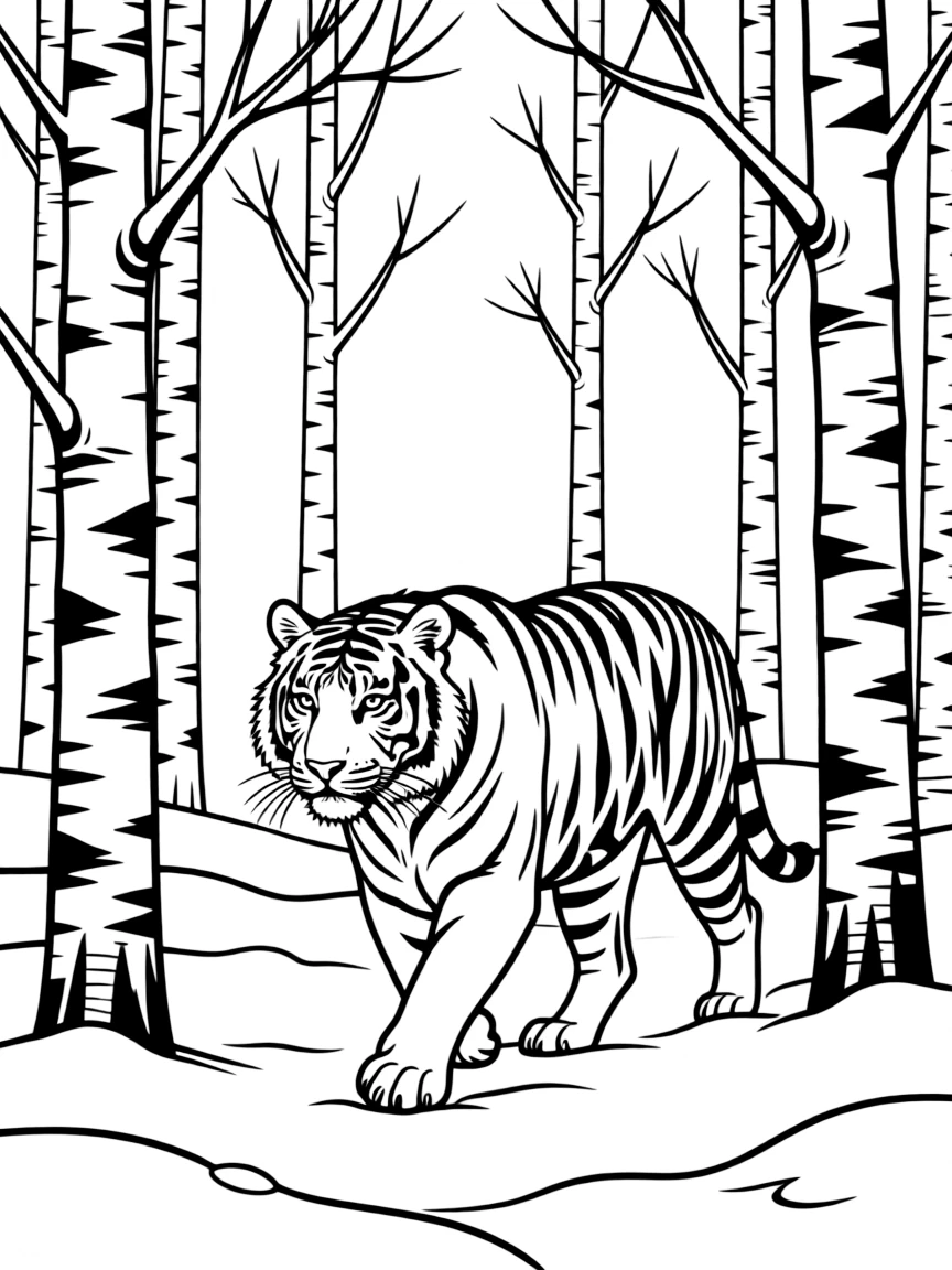 (Russia) A Siberian tiger walking through a snowy forest of birch trees.