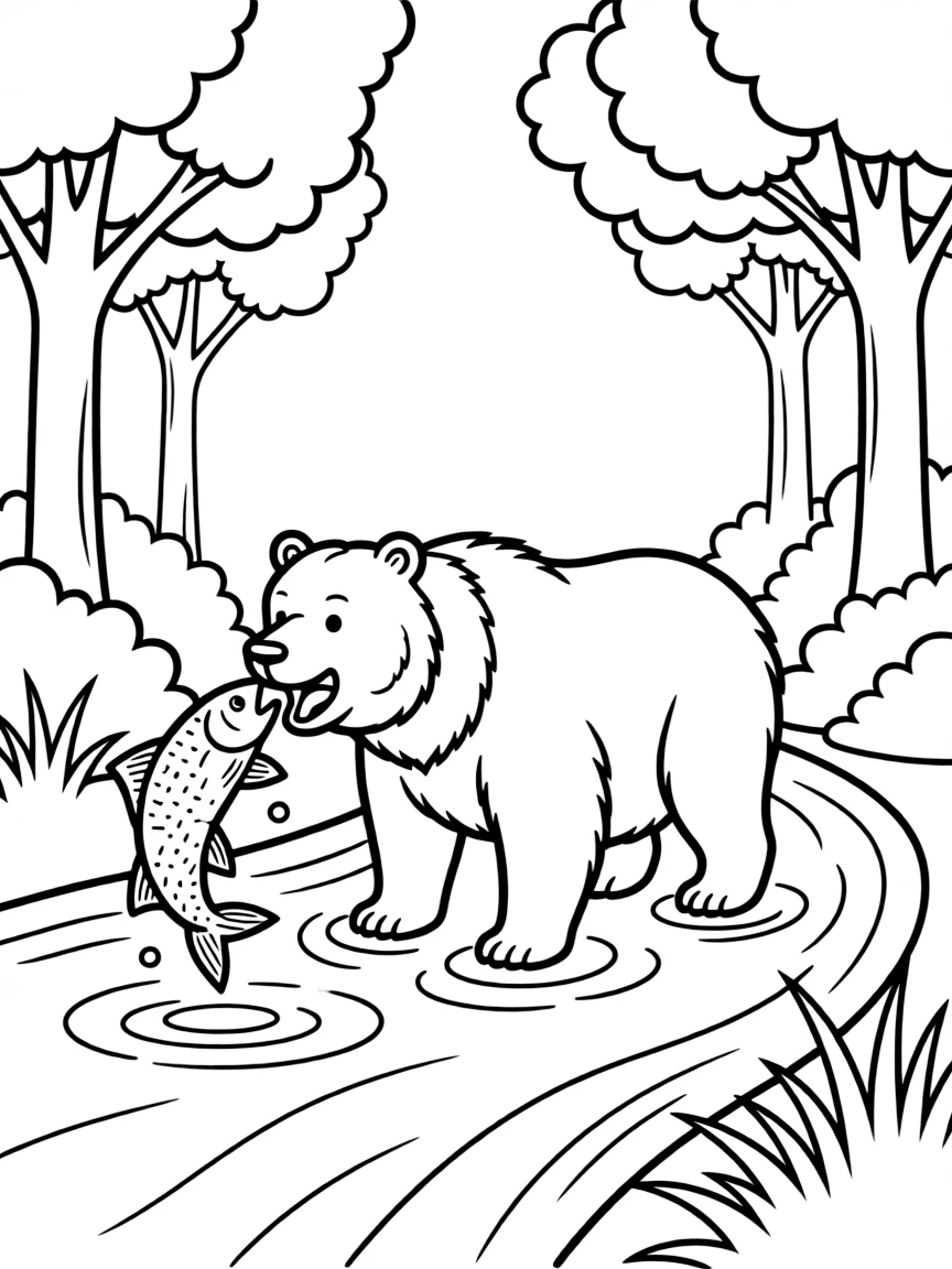(Russia) A brown bear catching salmon from a river in a green forest.
