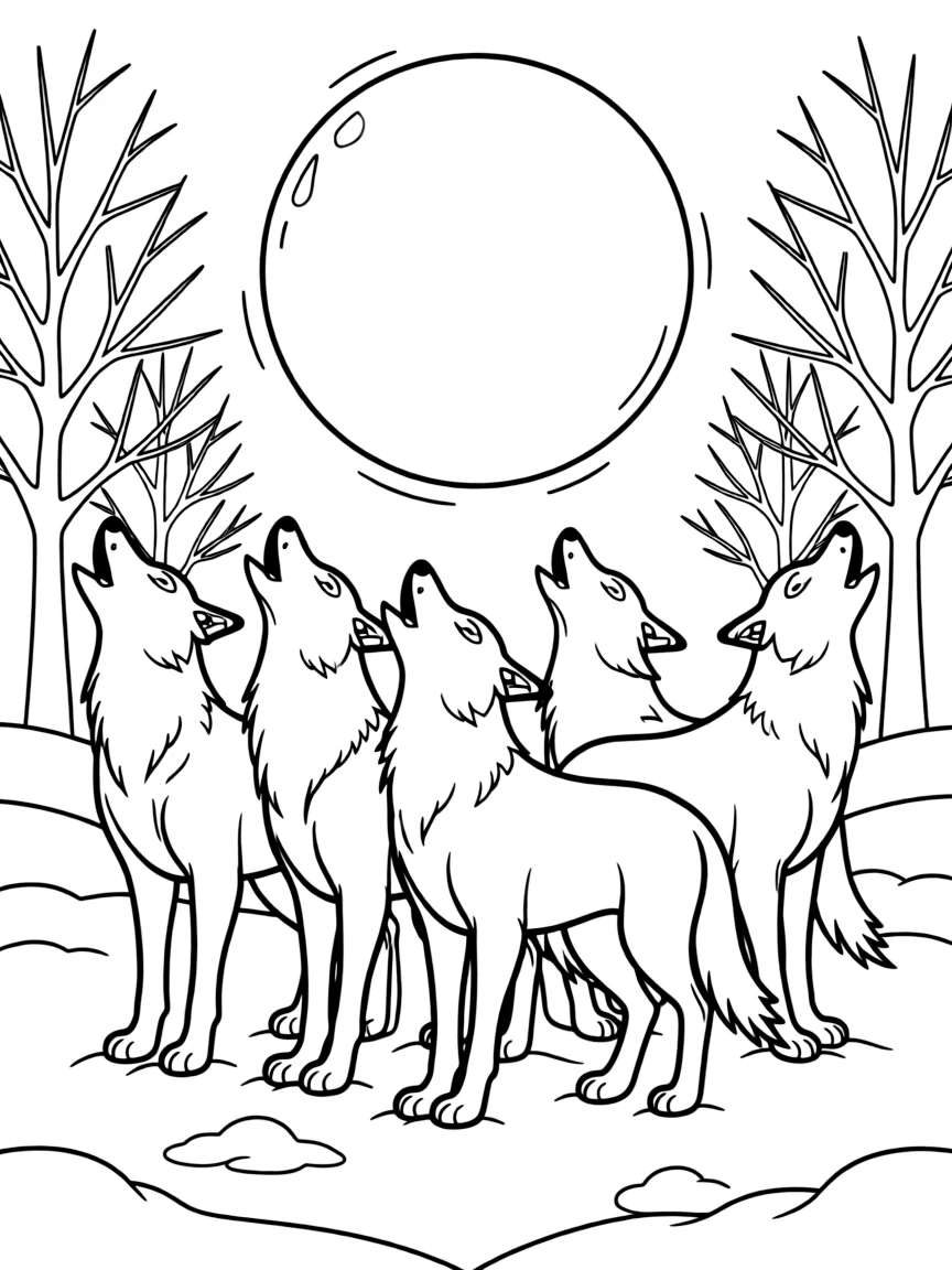 (Russia) A pack of wolves howling together under a full moon in winter.
