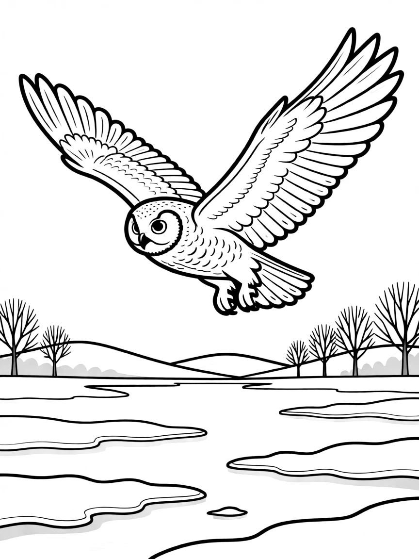 (Russia) A snowy owl with wide wings flying over a frozen field.