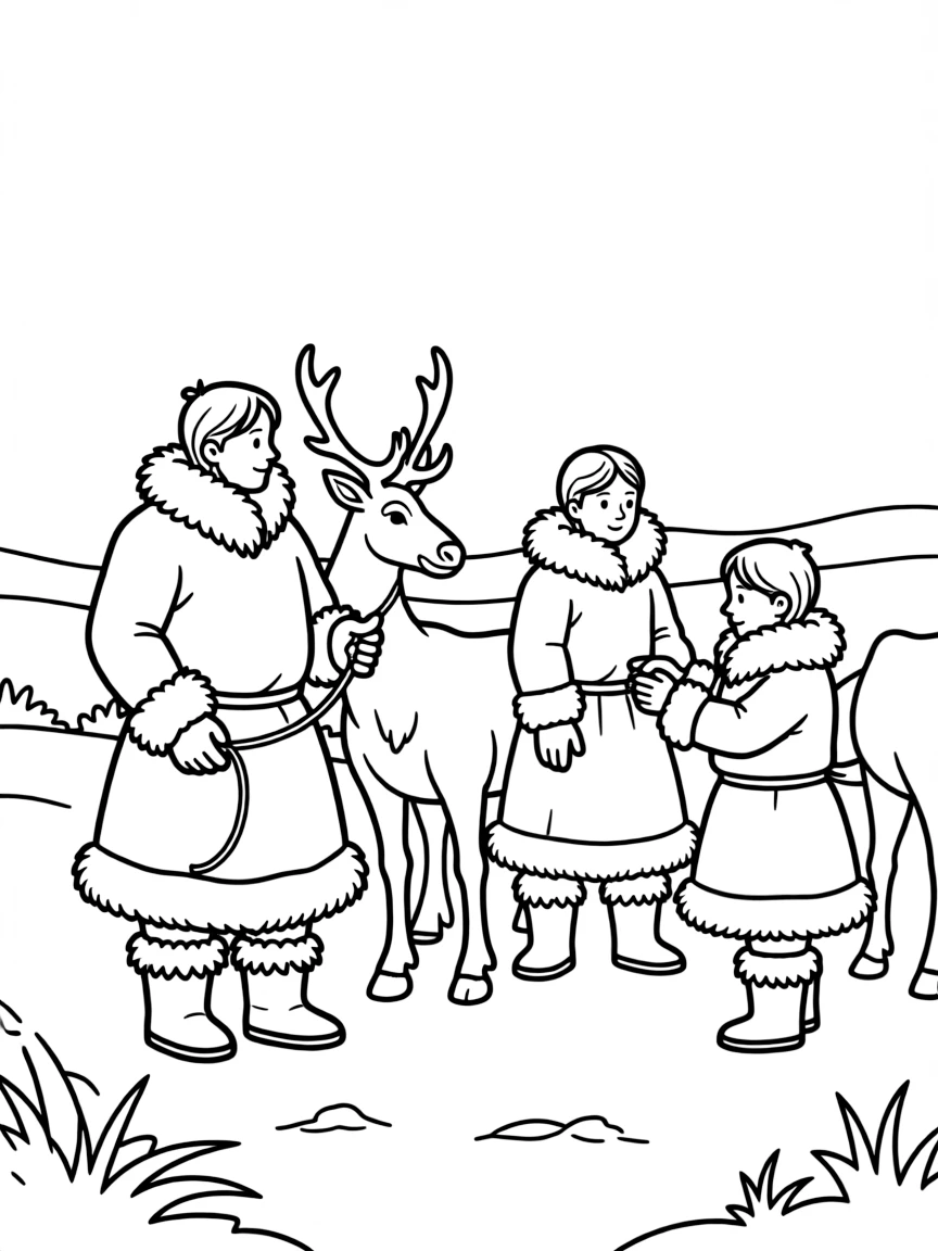 (Russia) Nomadic Nenets people in fur clothing tending to their reindeer herd on the tundra.