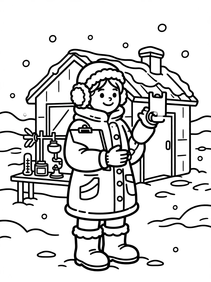 (Russia) A scientist in a thick coat standing at a research station in the Arctic snow.