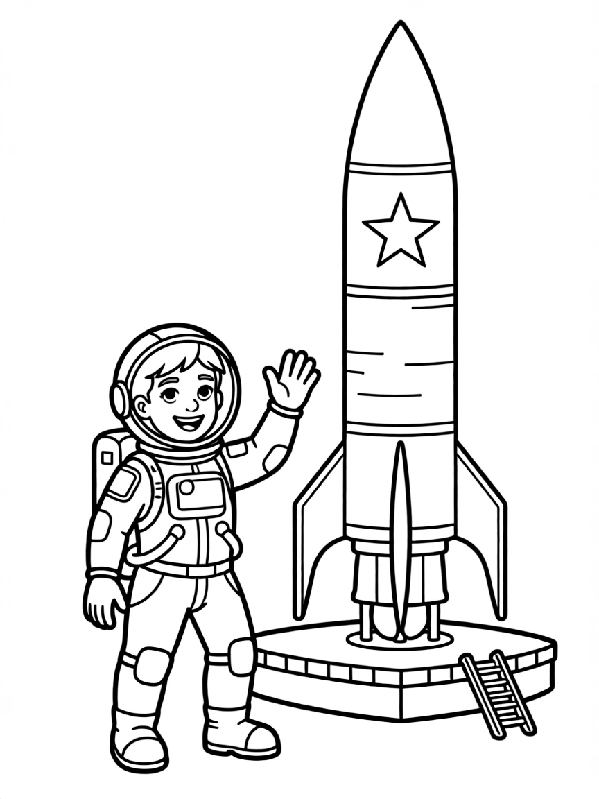 (Russia) A cosmonaut in a space suit waving next to a rocket ready to launch.