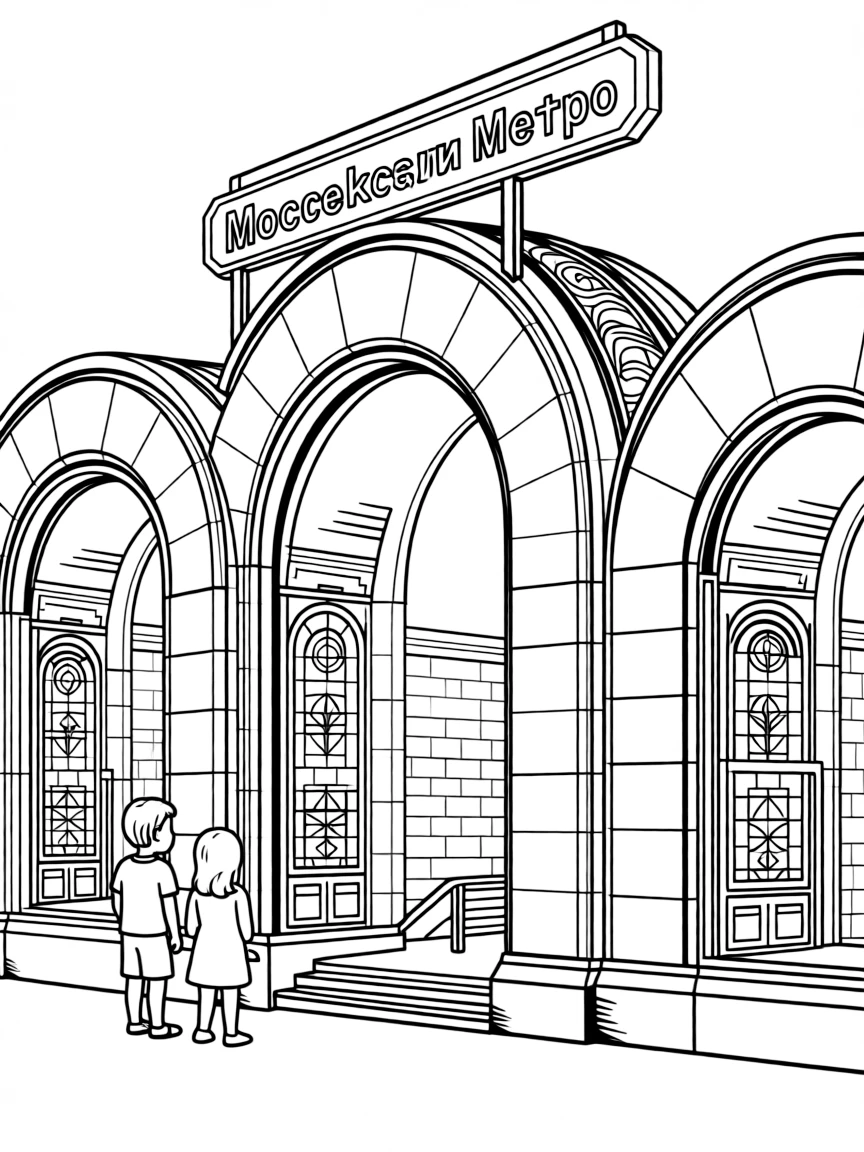 (Russia) The Moscow Metro entrance with ornate arches and mosaics inside the station.