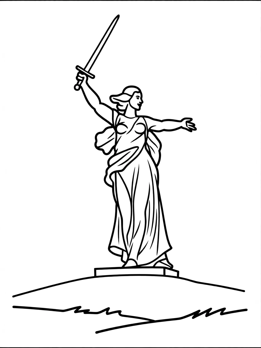 (Russia) The Motherland Calls statue (a giant woman with a sword) standing proudly on a hill.