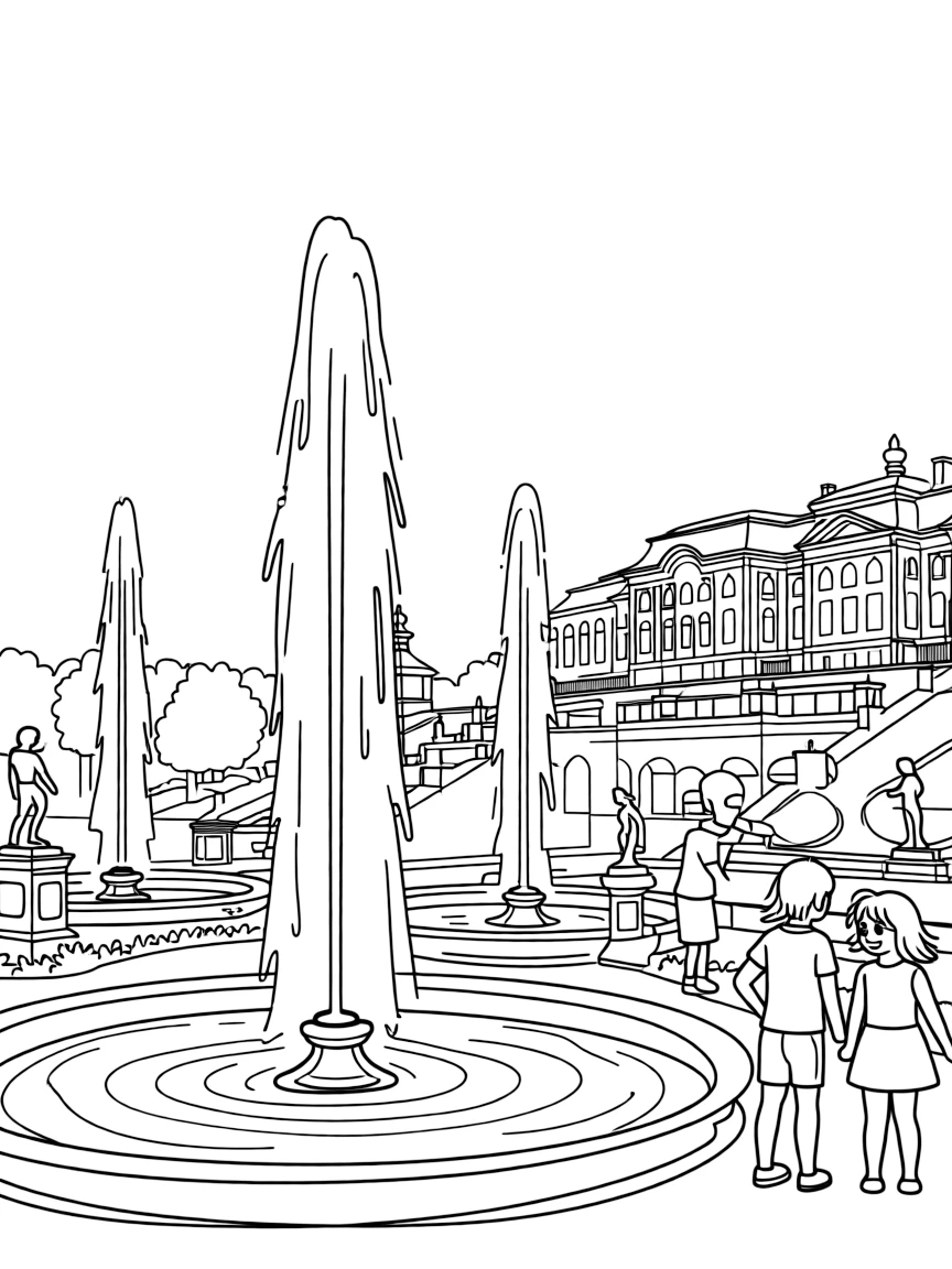 (Russia) The Peterhof Palace gardens with golden fountains spraying water high.