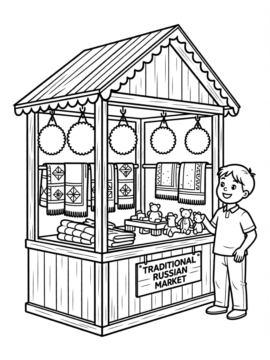 (Russia) A traditional Russian market stall selling fur hats, shawls, and wooden toys.