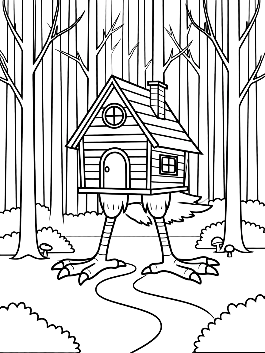(Russia) A fairy-tale scene of Baba Yaga’s hut standing on chicken legs in a deep forest.