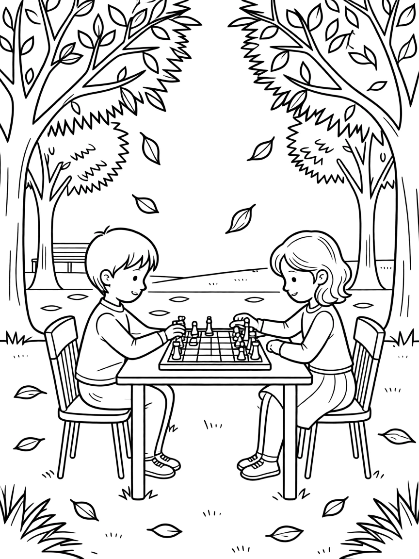 (Russia) Children sitting at a table playing chess in a park under autumn trees.