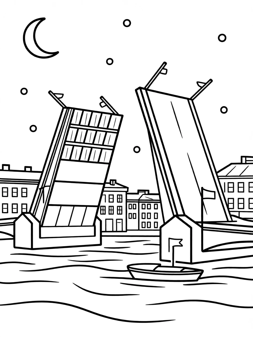 (Russia) St. Petersburg’s drawbridges opening at night over the Neva River.