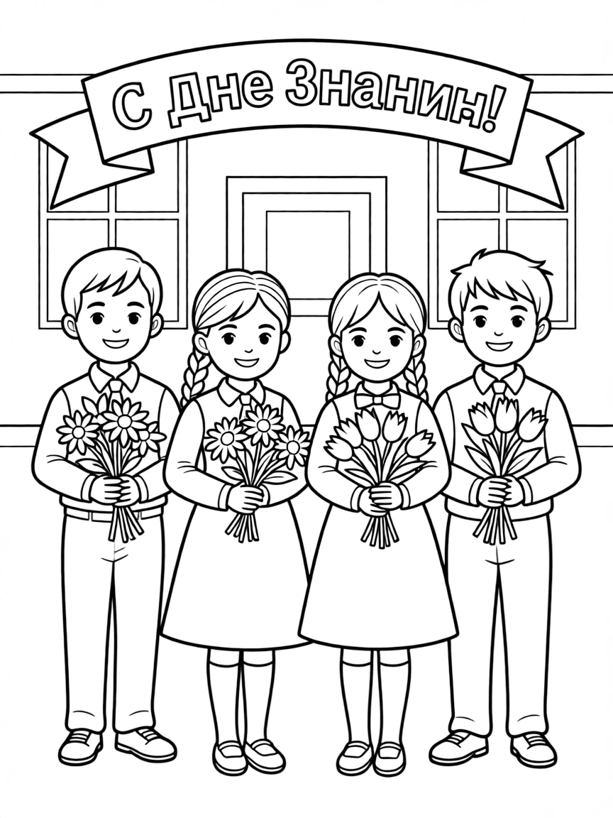 (Russia) A group of schoolchildren in uniform on the first day of school holding flowers (Knowledge Day).