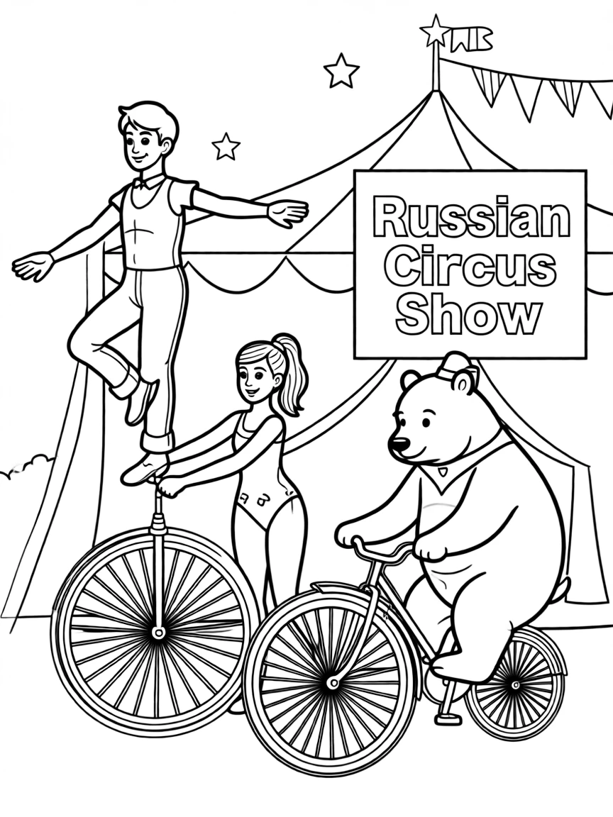 (Russia) A lively circus scene with acrobats and a trained bear riding a bicycle (Russian circus).