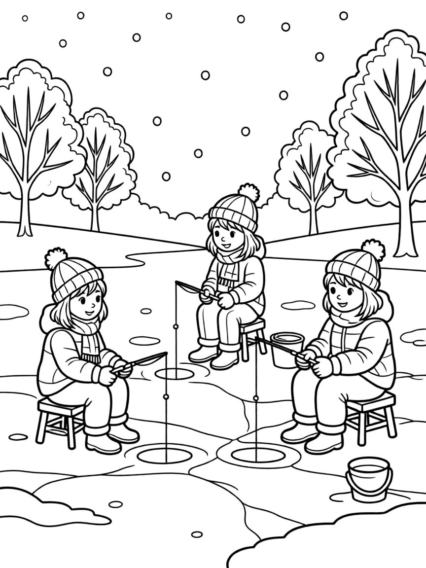 (Russia) People ice fishing on a frozen lake in winter, sitting by holes in the ice with their fishing rods.