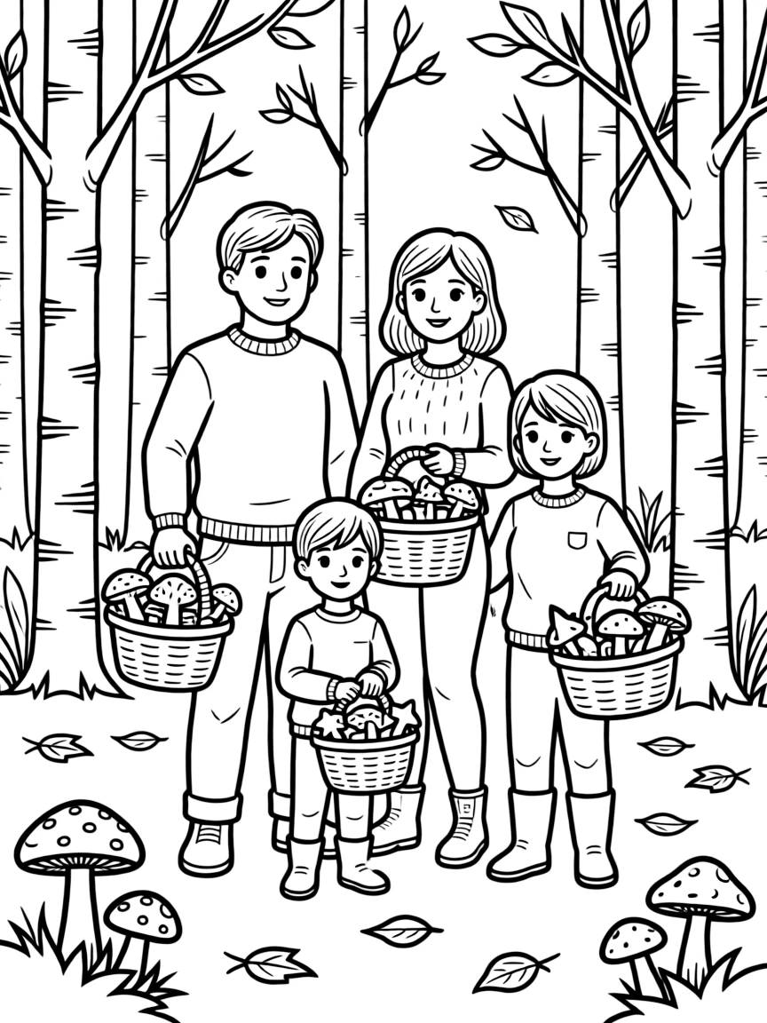 (Russia) Families foraging for mushrooms in a birch forest during autumn, with baskets full of mushrooms.