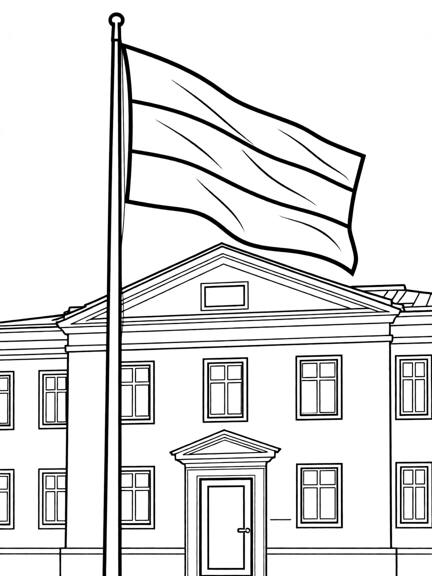 (Russia) Russia’s tricolor flag (white, blue, and red) waving on a flagpole in front of a building.