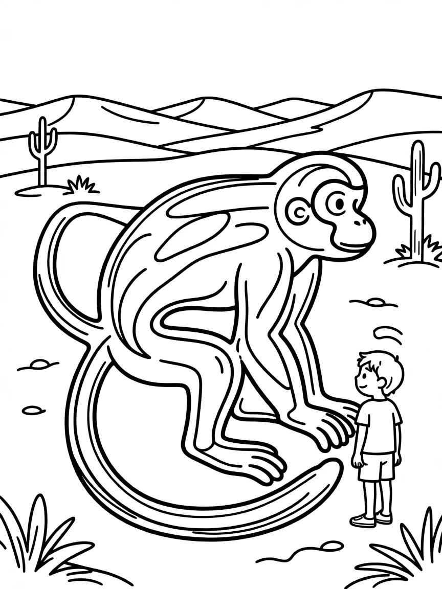 (Peru) A huge Nazca Lines geoglyph of a monkey drawn on the desert plains.
