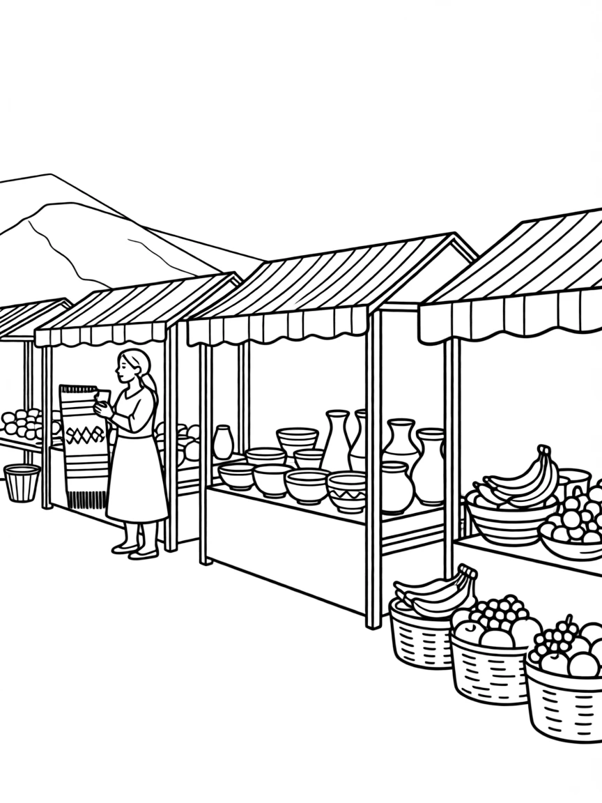 (Peru) A traditional Andean market with stalls selling woven textiles, pottery, and fruits.