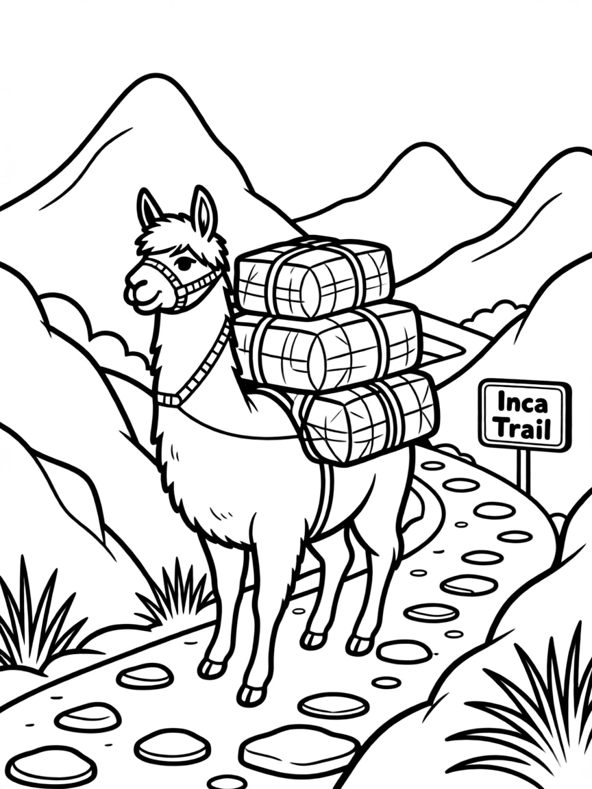 (Peru) A llama carrying cargo packs along an old Inca trail in the mountains.