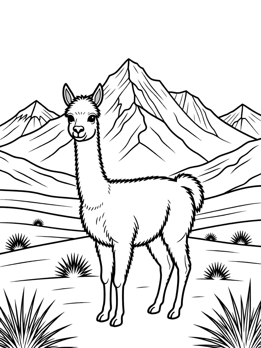 (Peru) A wild vicuña (camelid) standing on the high Andean plains with snowy peaks behind.
