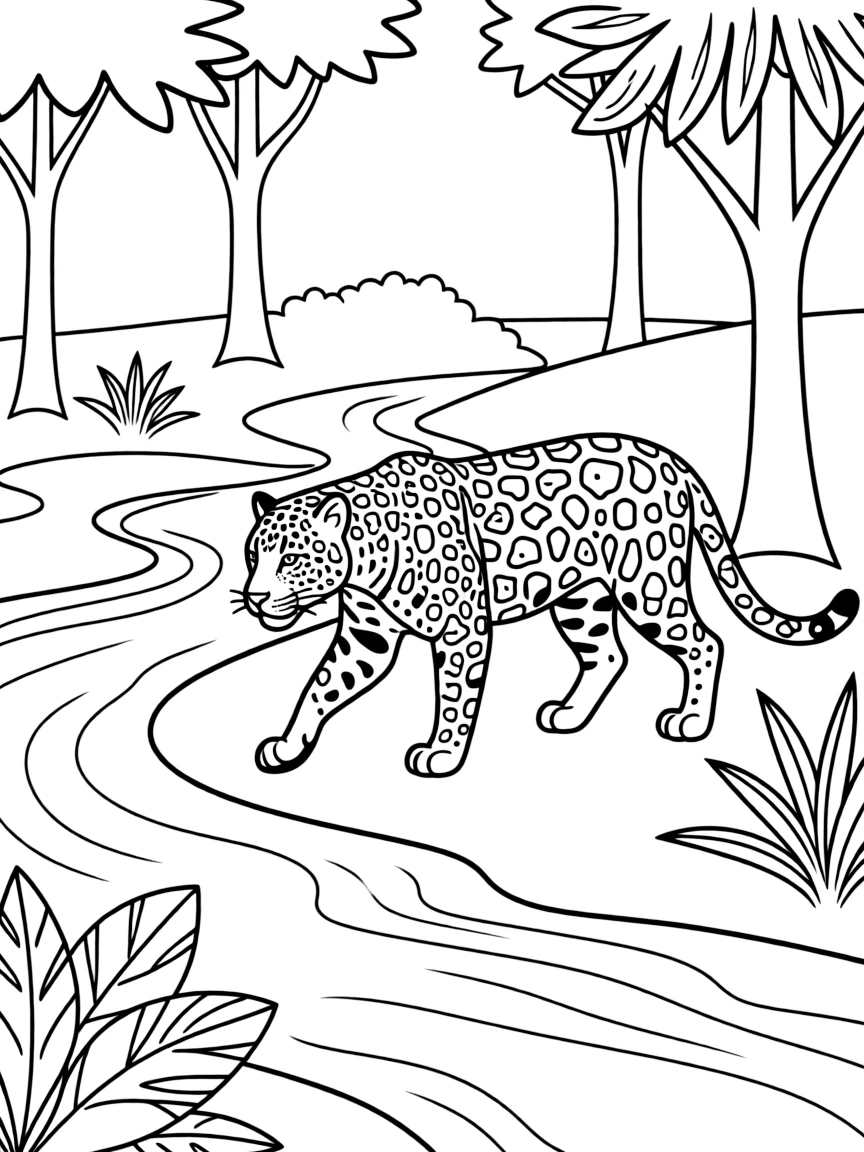 (Peru) A stealthy jaguar walking beside a river in the Amazon jungle.