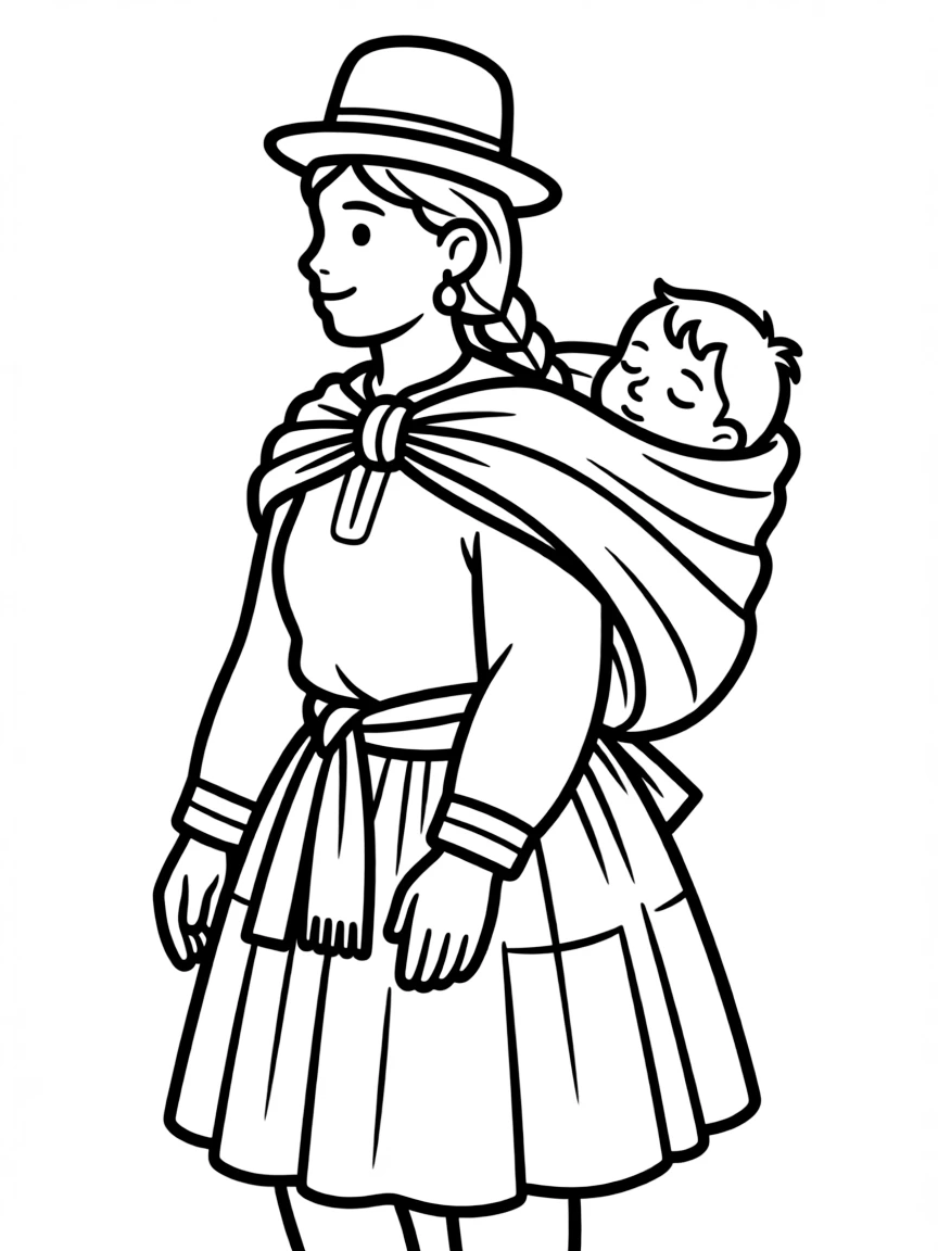 (Peru) An Andean woman in a bright skirt and bowler hat carrying a baby on her back in a blanket.