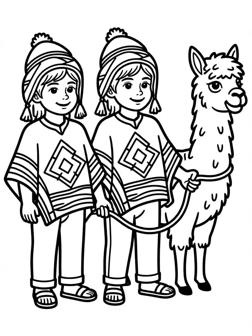 (Peru) Children wearing traditional Peruvian ponchos and chullo hats, leading a llama by a rope.